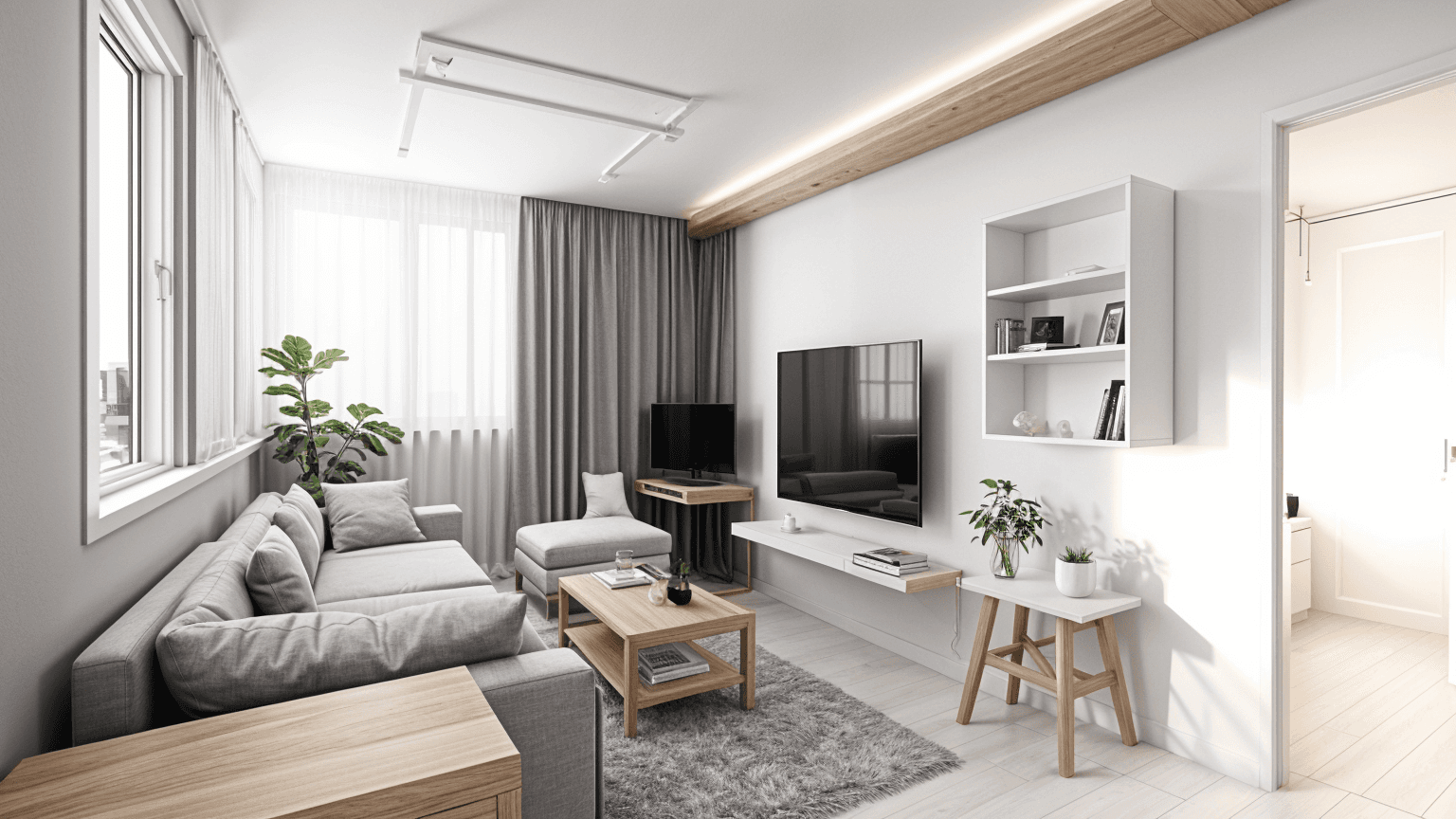 Modern tiny house living room with a minimalist design, featuring a neutral color palette, space-saving furniture, and natural light to maximize small spaces efficiently.