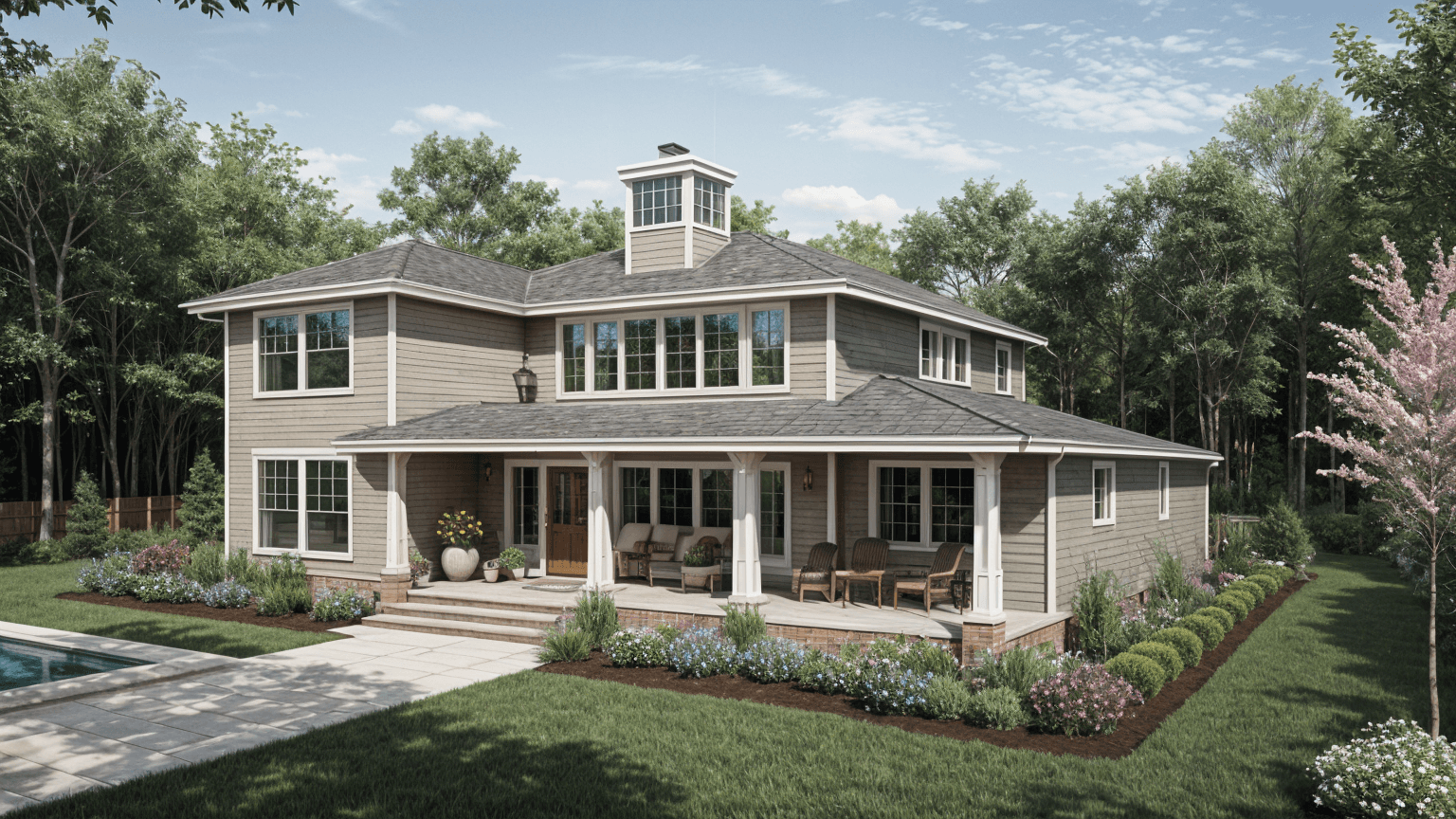Elegant home with a spacious covered porch, outdoor seating, and lush landscaping, seamlessly blending indoor and outdoor living spaces for a harmonious design.