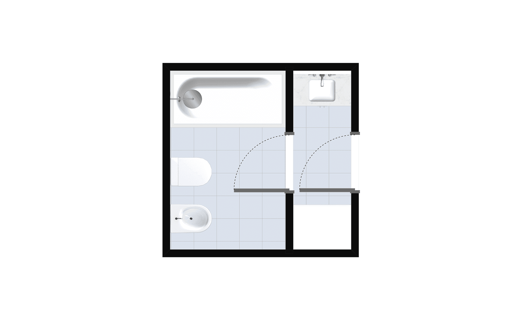 Split bathroom layout featuring bathtub, bidet, toilet, and vanity in a 2-wall design for efficient small bathroom plan