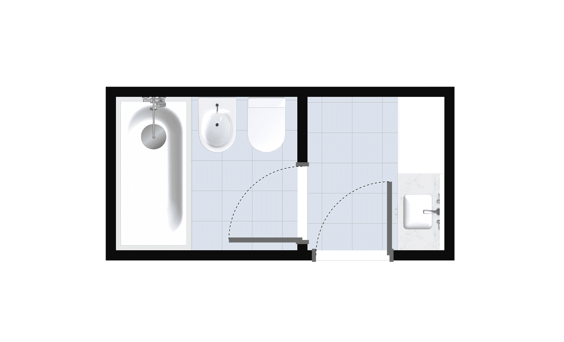 Modern full bathroom layout with centered bathtub, bidet, toilet, and vanity in a 2-wall configuration, ideal for a compact bathroom floor plan