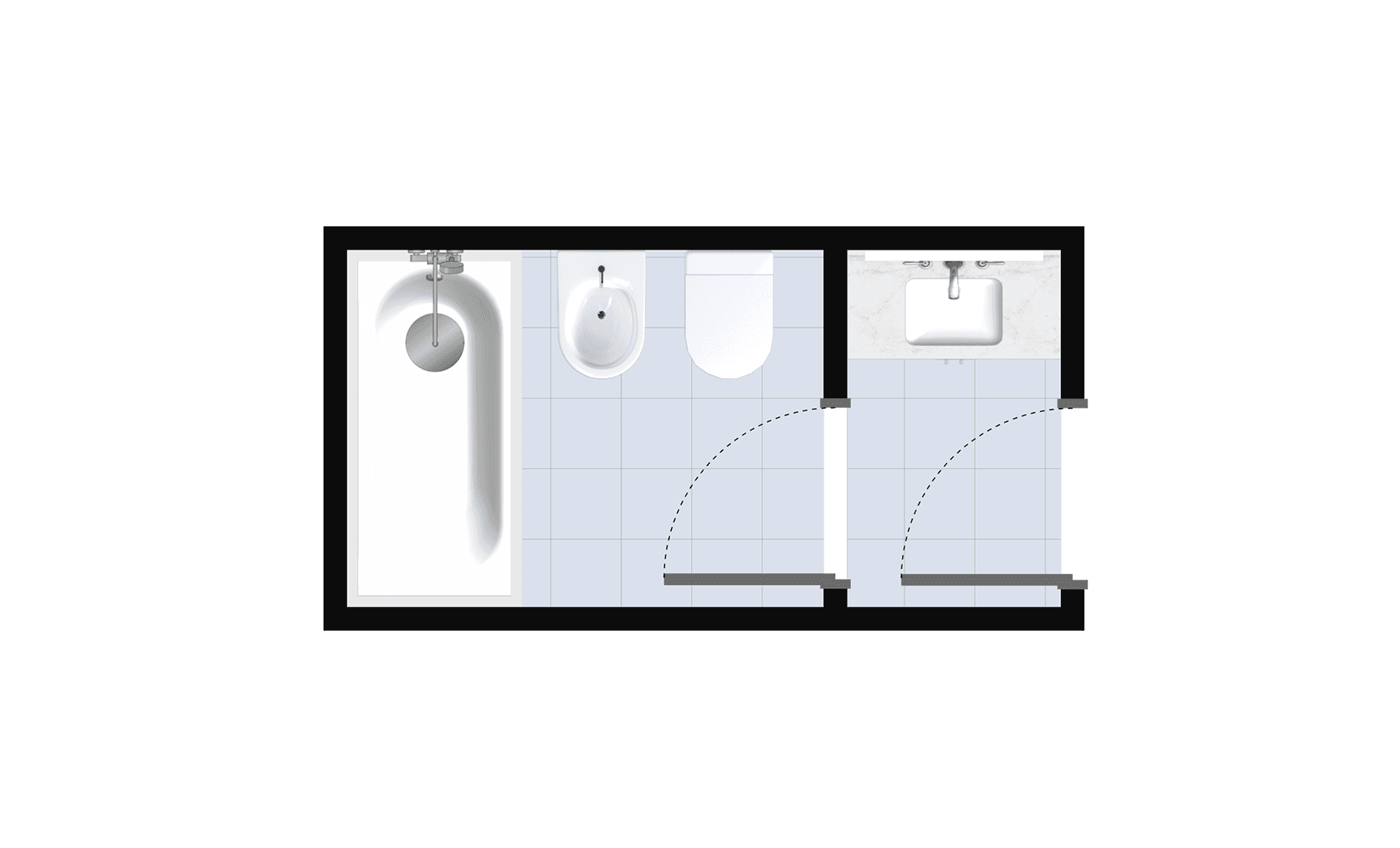 Split bathroom floor plan with bathtub, bidet, toilet, and separate vanity zone, ideal for small bathroom layout plan