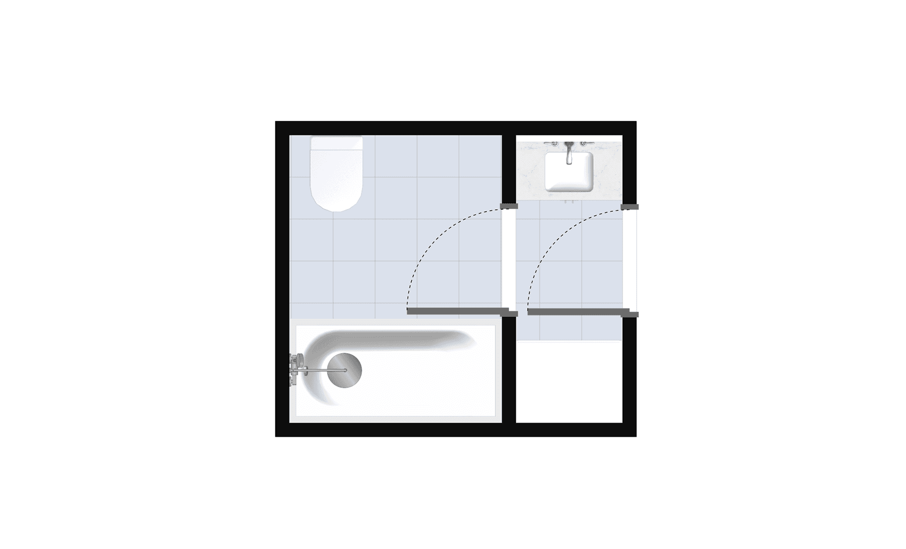 Split full bathroom layout with bathtub, toilet, and vanity on separate walls, ideal floor plan for small bathrooms with circulation optimization.